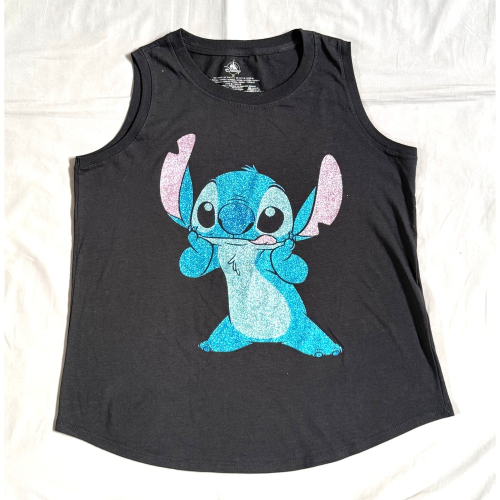 Disney Stitch Glitter Graphic Tank Top Womens Medium‎ Black Sleeveless Shirt
